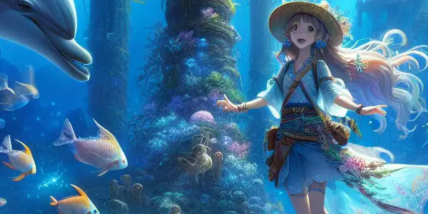 A young girl explores a magical underwater world filled with vibrant coral reefs and friendly sea creatures.
