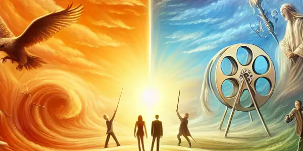 A cinematic landscape illustrating the beginning, climax, and conclusion of classic movie plots with symbolic characters and elements.