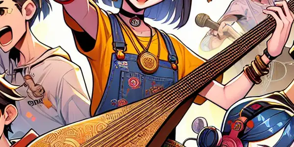 A spirited girl plays a traditional instrument with diverse friends in a vibrant school setting, celebrating youth and creativity.