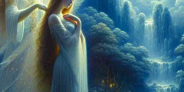 A blind woman in a flowing dress stands beside a glowing guardian angel under a starry night sky.