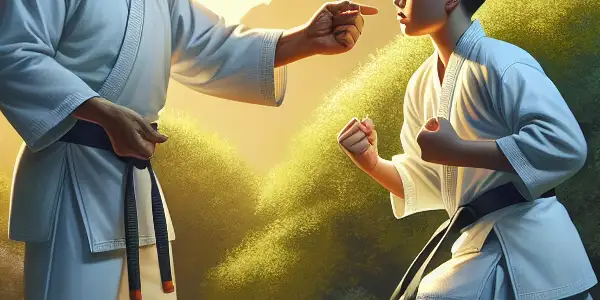 A young boy practices karate under the guidance of his mentor in a serene outdoor dojo.