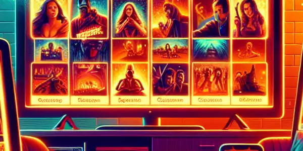 A cozy living room with a sleek streaming platform displayed on multiple devices, featuring various movie genres.