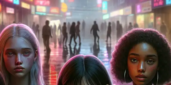 A group of diverse young girls navigating the complexities of urban life in a bustling Hong Kong street at dusk.