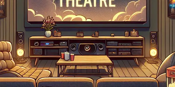 A cozy modern home theater with a large screen, plush seating, popcorn machine, and movie posters.