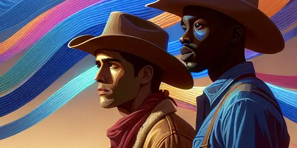 Two cowboys on a hill under twilight, embodying love and connection, with a silhouette of a boy by the ocean.