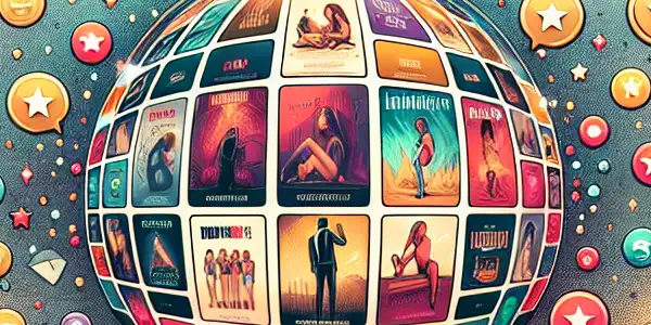 A modern living room scene featuring a computer screen displaying colorful movie posters for an adult film points redemption platform.