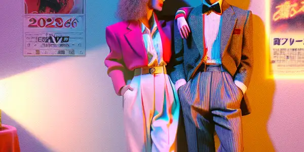 A nostalgic 1980s-1990s inspired scene featuring a stylish couple in a dimly lit velvet room with retro film elements.