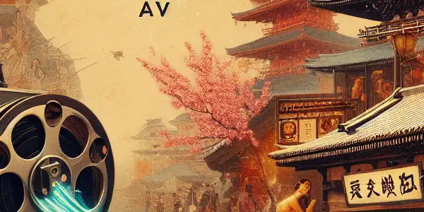 A retro Japanese film studio blending vintage adult film elements with modern technology and nostalgic cityscape.