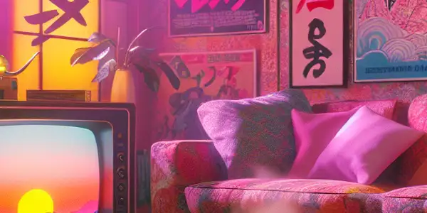 A nostalgic 1980s-1990s Japanese living room featuring vintage adult film posters, a classic TV, and traditional snacks.