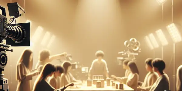 A professional film set showcasing the 2026AV condom, surrounded by safety props and focused actors in stylish attire.