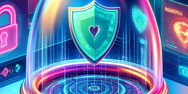 A digital landscape showcasing a protective condom over devices, symbolizing online safety with VPN and antivirus icons.